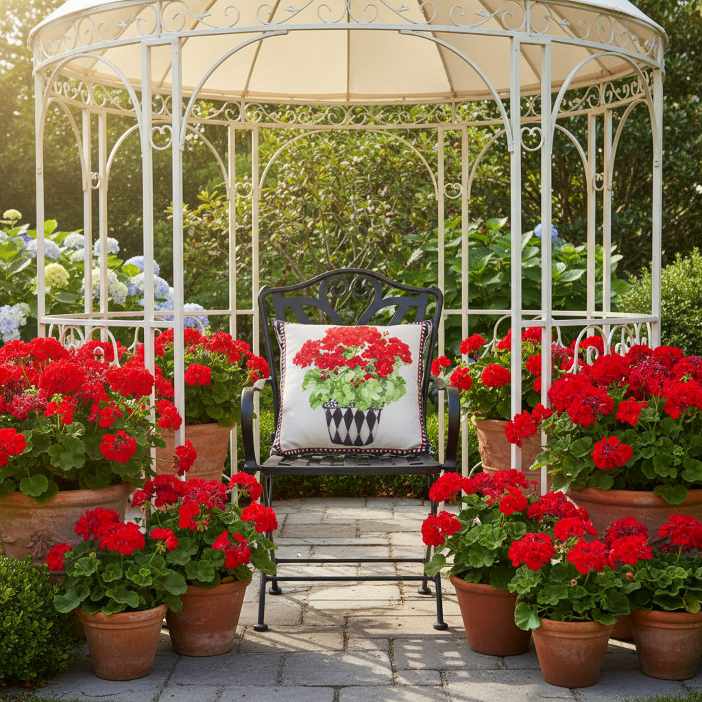 Gazebo with red flowers and a chair with a decorative pillow in a garden setting