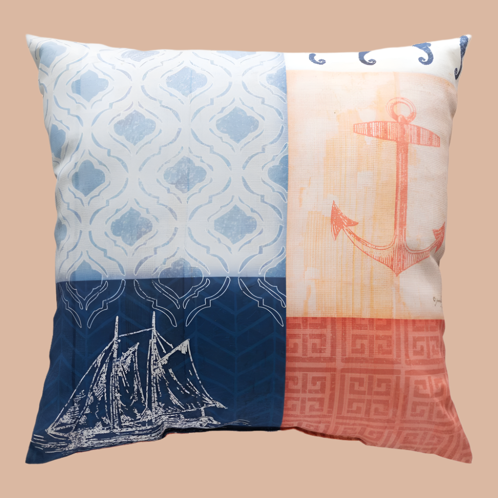Nautical Wonder Navy & Coral With Anchor Climaweave Pillow 18x18