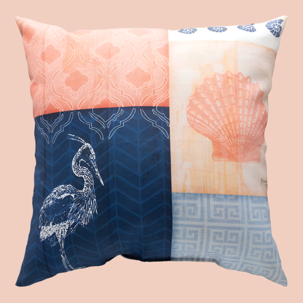 Nautical Wonder Navy & Coral With Heron Climaweave Pillow 18x18
