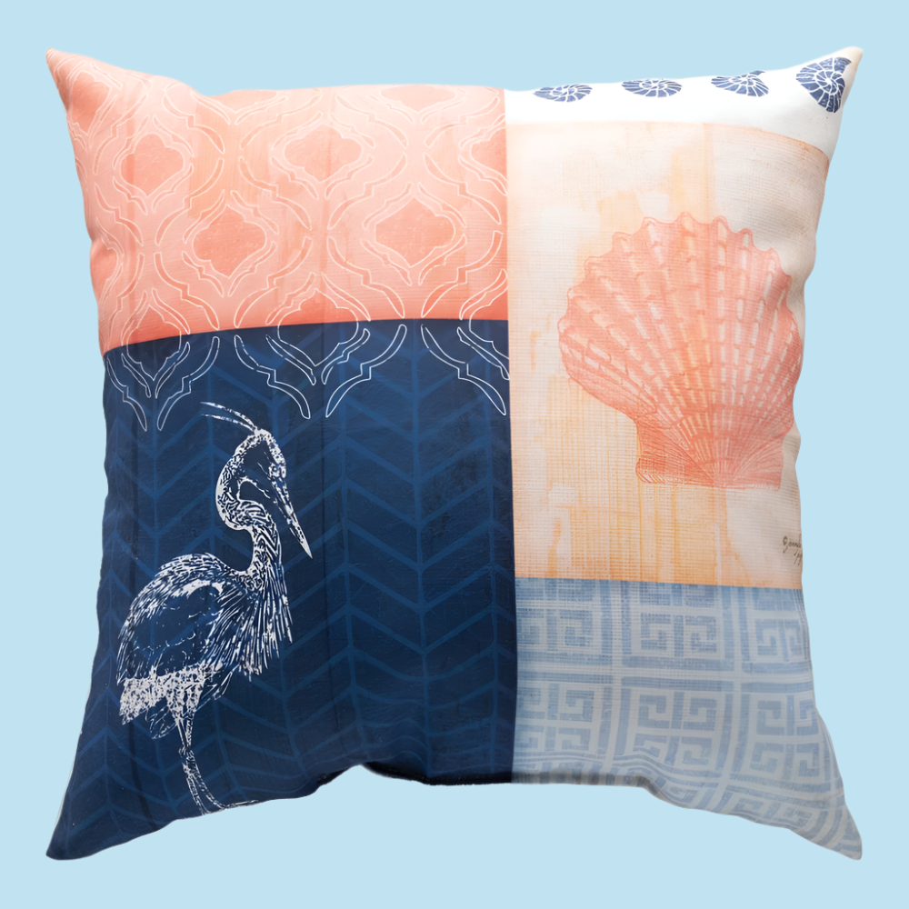 Nautical Wonder Navy & Coral With Heron Climaweave Pillow 18x18