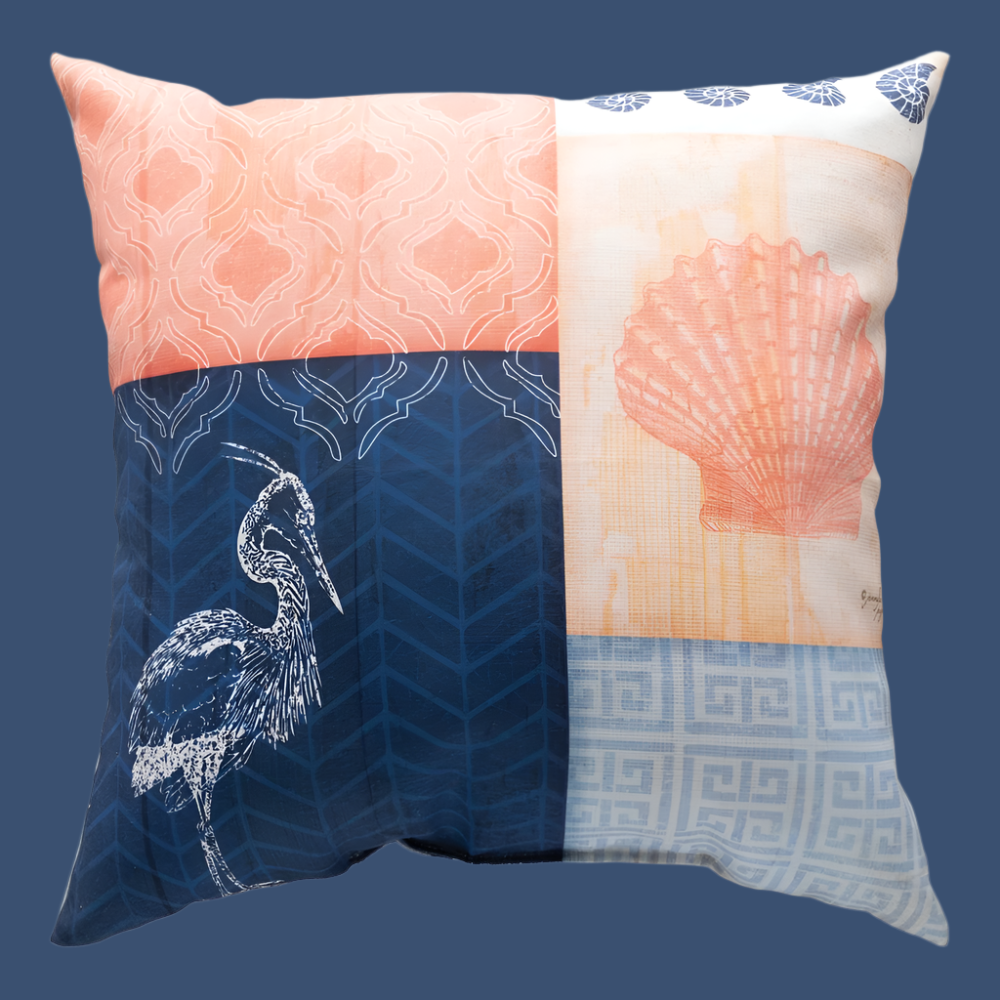 Nautical Wonder Navy & Coral With Heron Climaweave Pillow 18x18