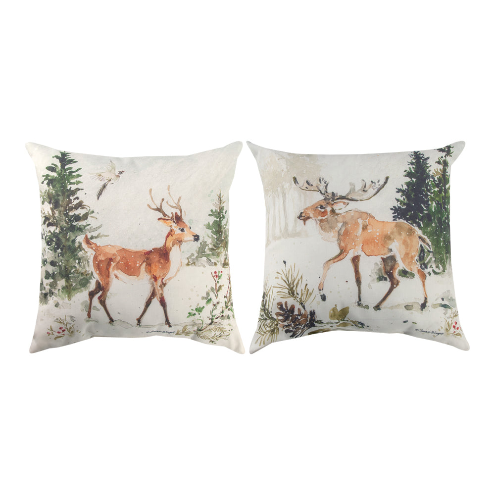 Snowy Forest Moose & Deer Climaweave Pillow 18" Indoor/Outdoor