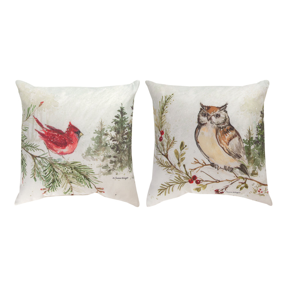 Snowy Forest Owl & Cardinal Climaweave Pillow 18" Indoor/Outdoor