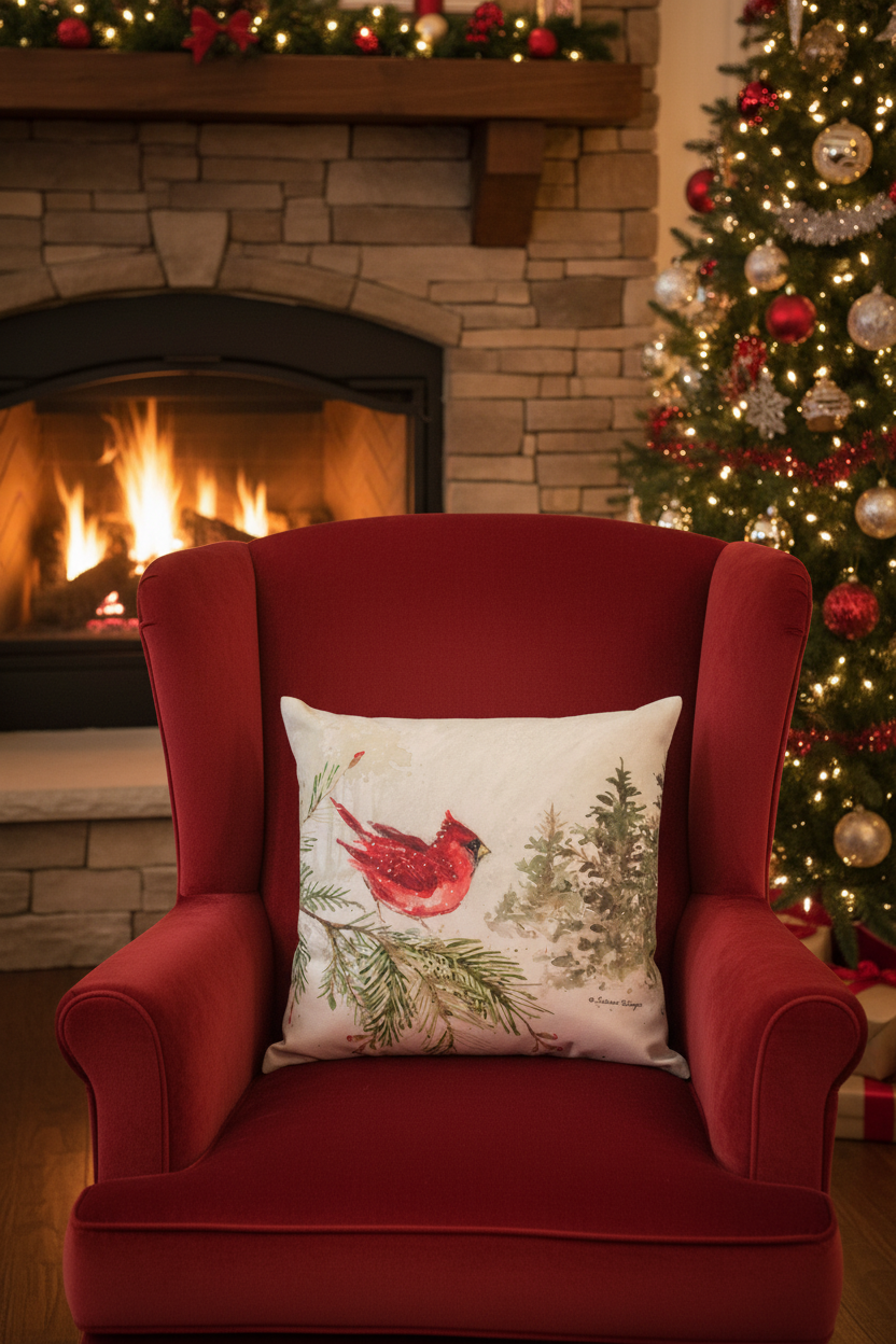 Snowy Forest Owl & Cardinal Climaweave Pillow 18" Indoor/Outdoor