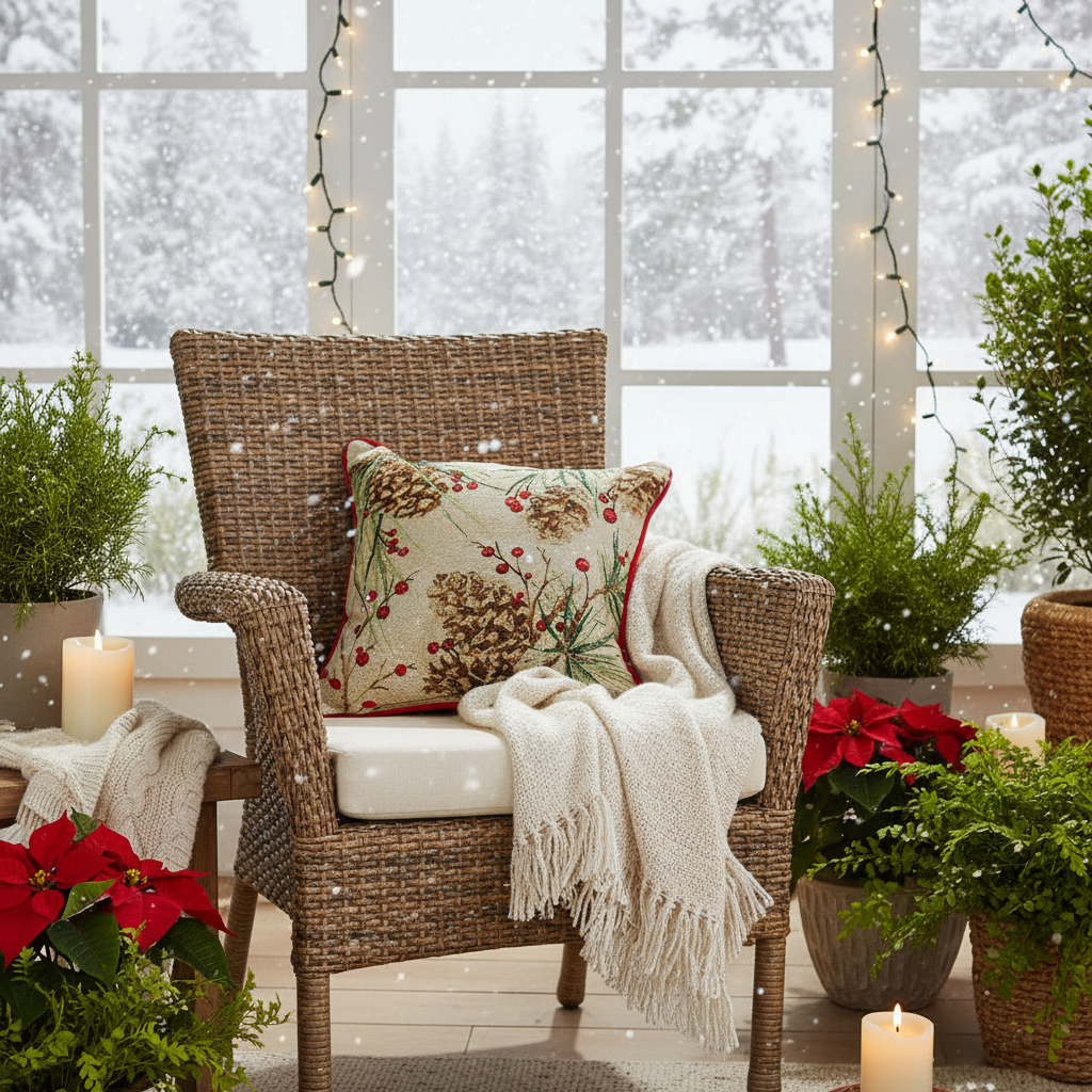 Berries And Pine Woven Tapestry Pillow 17x17