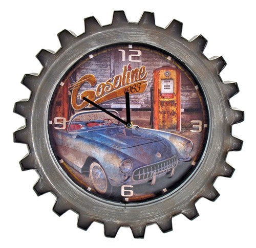 Blue Gasoline Retro Style Muscle Car Gear Shaped Wall Clock with LED Lights