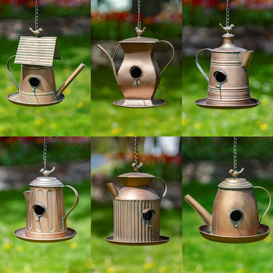 Set of 6 Assorted Style Antique Copper Finish Teapot Birdhouses