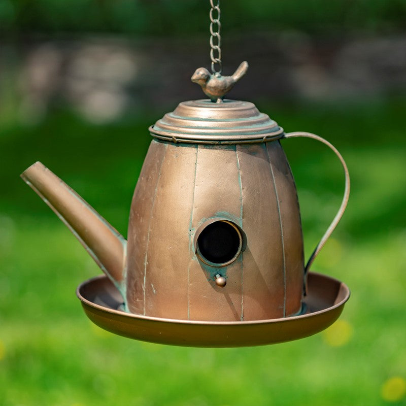 Hanging Antique Copper Teapot Birdhouse & Feeder Fat Kettle