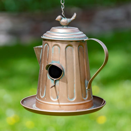 Hanging Antique Copper Teapot Birdhouse & Feeder Tea Kettle