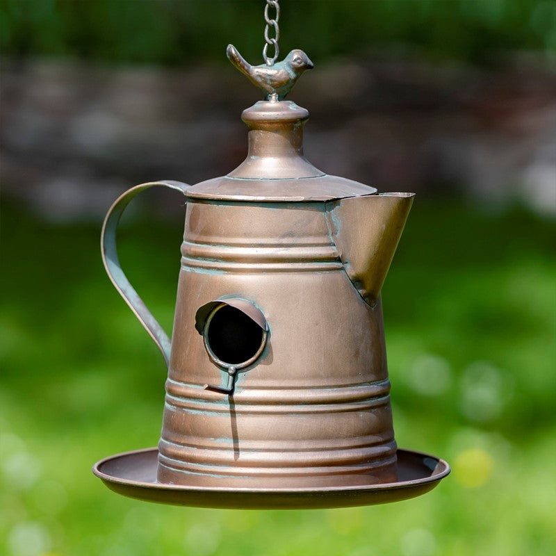 Hanging Antique Copper Teapot Birdhouse & Feeder Percolator