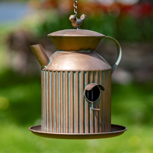 Hanging Antique Copper Teapot Birdhouse & Feeder Oil Can