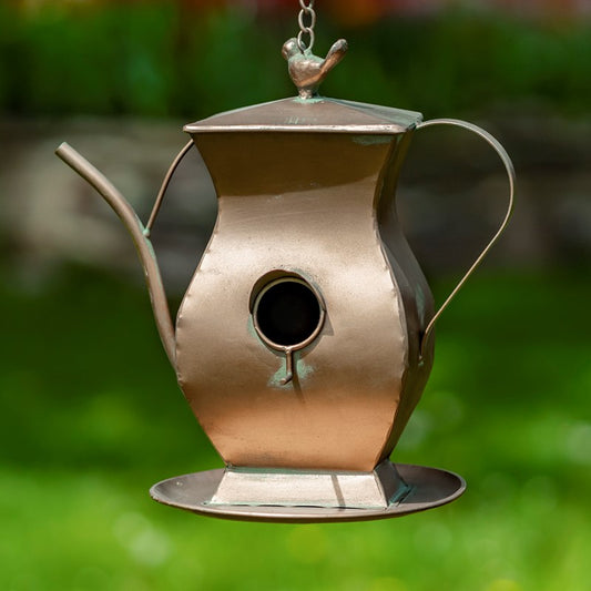 Hanging Antique Copper Teapot Birdhouse & Feeder Hourglass Kettle