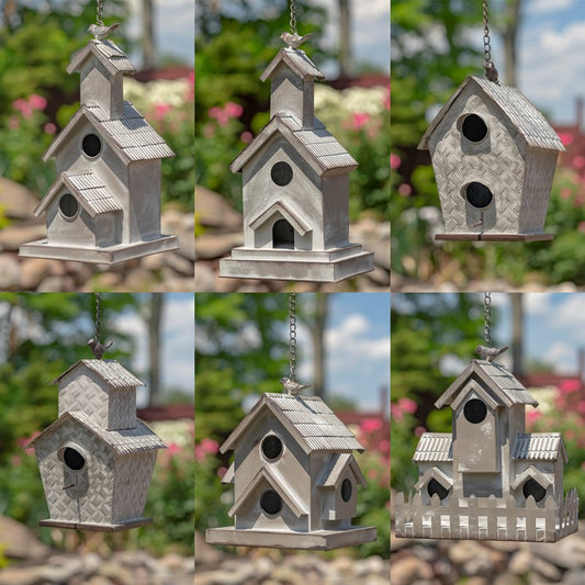 Set of 6 Assorted Style Hanging Galvanized Birdhouses