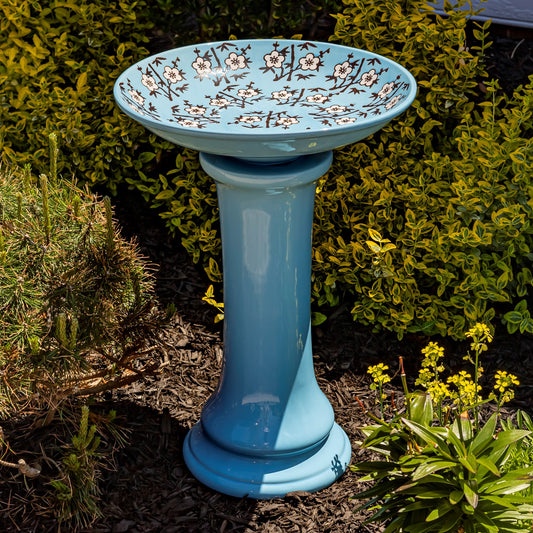 24" Tall Baby Blue Porcelain Birdbath with Hand Painted Cherry Blossoms Eloise