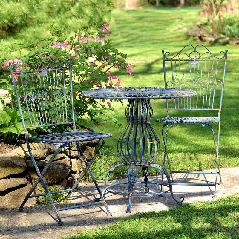 Three Piece Metal Bistro Set with Two Folding Chairs & One Round Table in Cobalt Blue