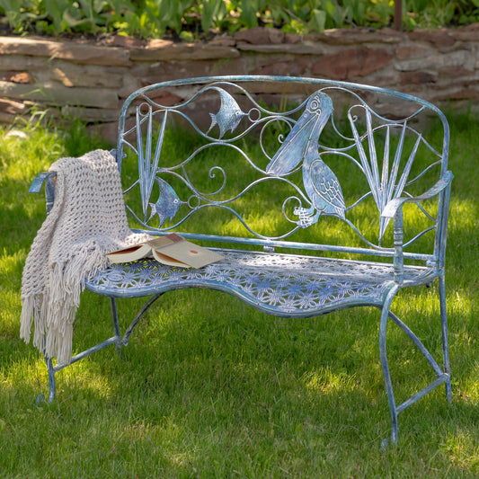 Sarasota Coastal Garden Bench with Pelican and Angelfish