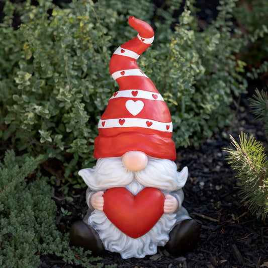 Magnesium Garden Gnome Sitting Holding Big Heart with Red Hat The Valentinos