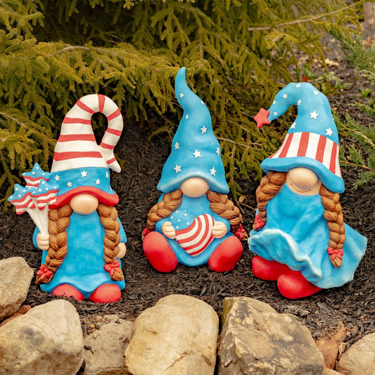 The Americanas Set of 3 Assorted American Lady Patriot Garden Gnomes