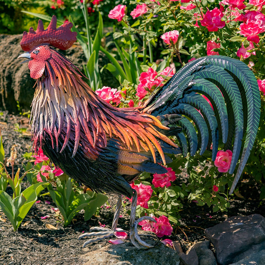 28" Tall Painted Iron Rooster Decoration Leopold