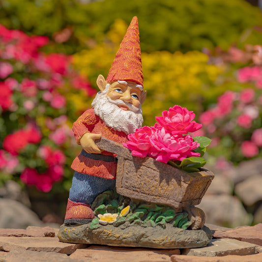 17" Tall Spring Gnome Garden Statue with Wheelbarrow