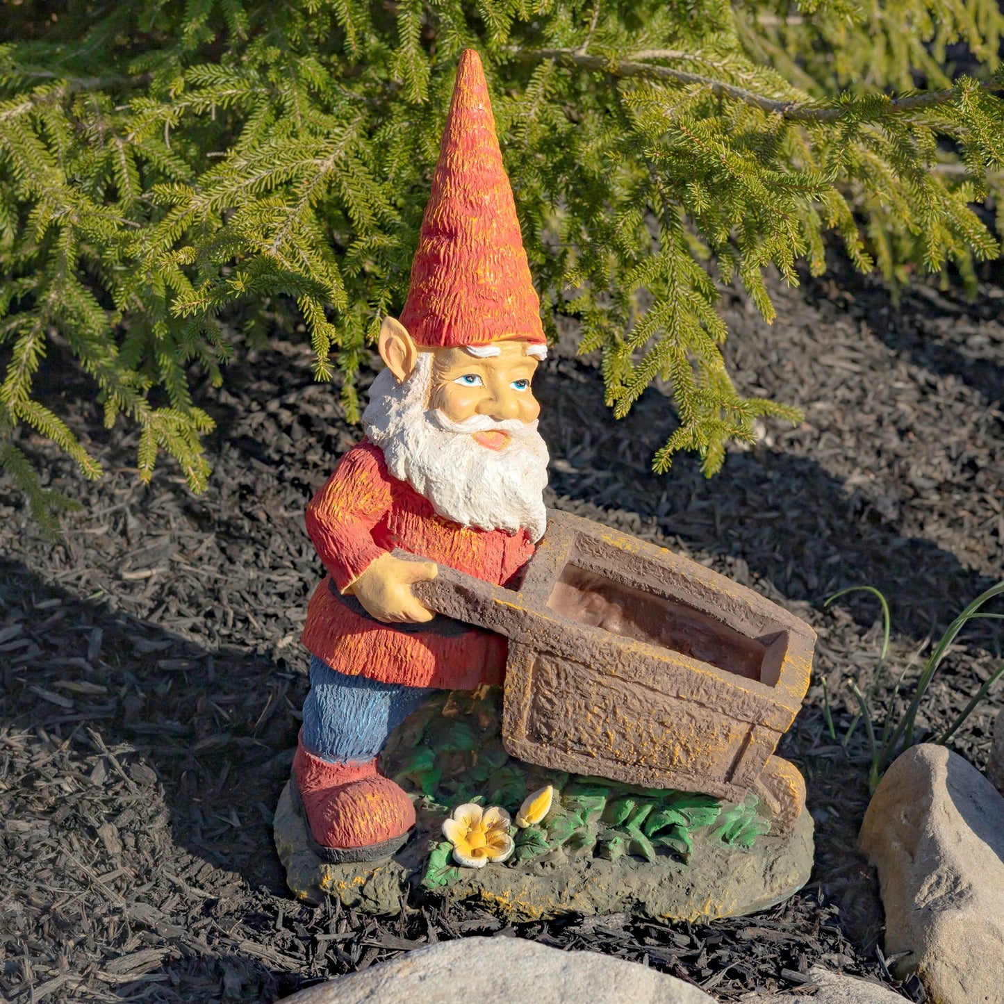 17" Tall Spring Gnome Garden Statue with Wheelbarrow