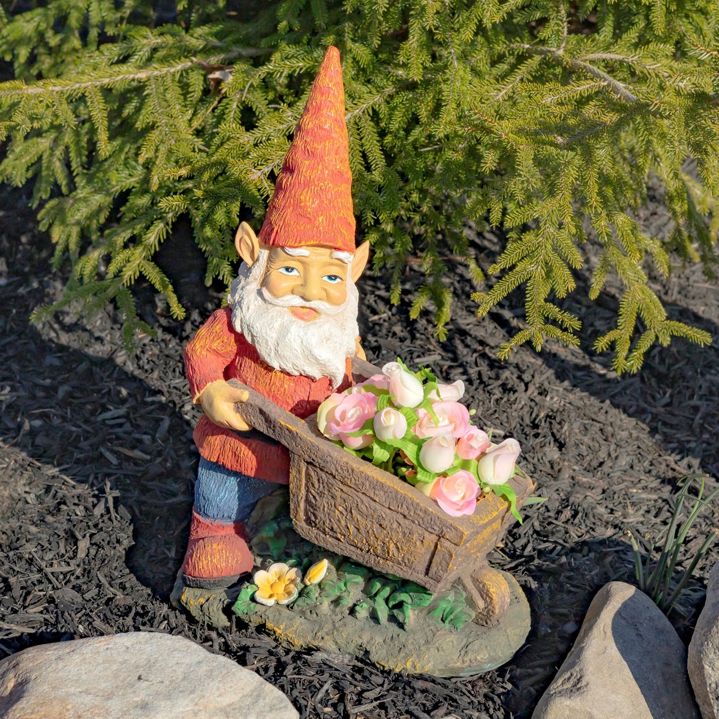 17" Tall Spring Gnome Garden Statue with Wheelbarrow