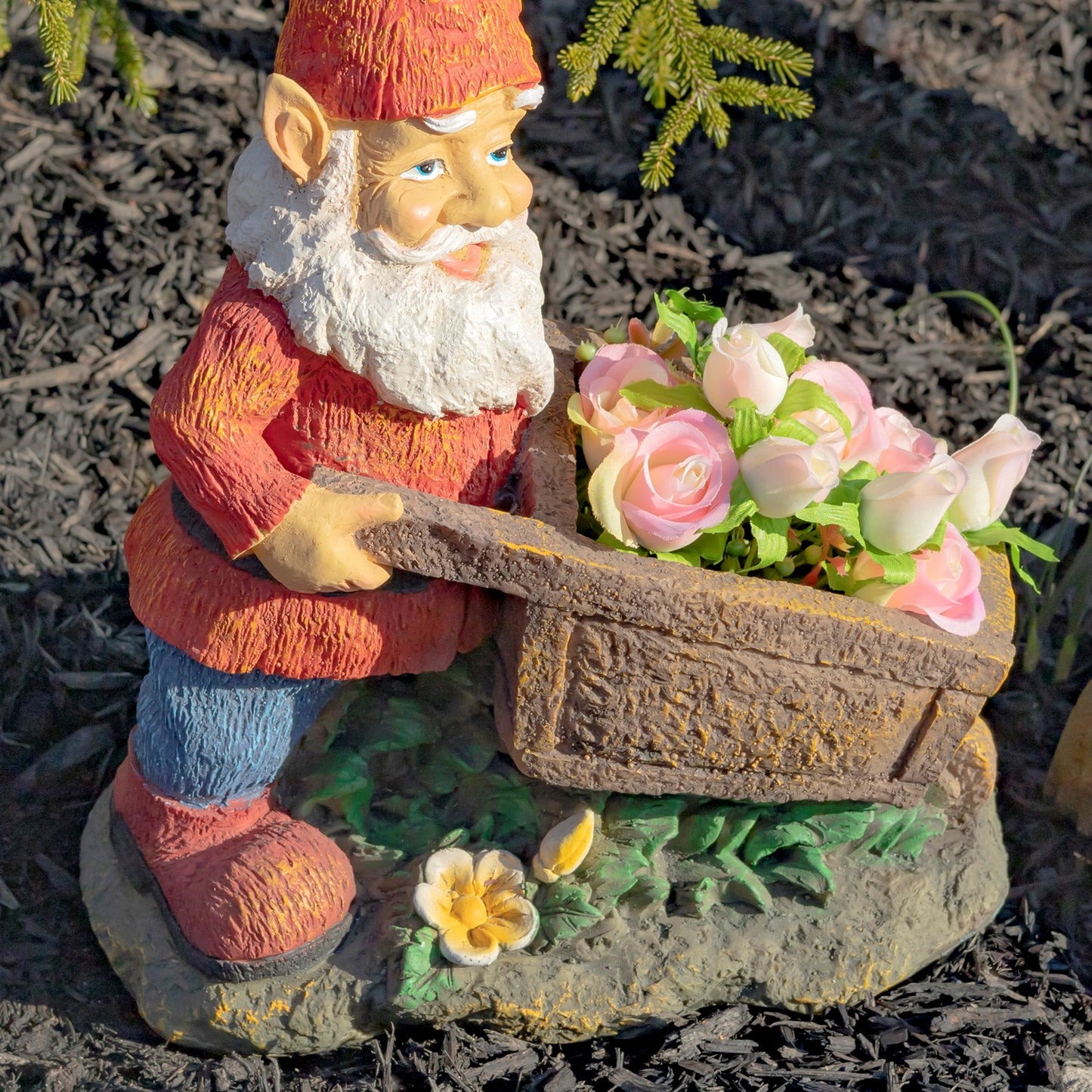 17" Tall Spring Gnome Garden Statue with Wheelbarrow