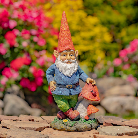 16" Tall Spring Gnome Garden Statue with Mushrooms
