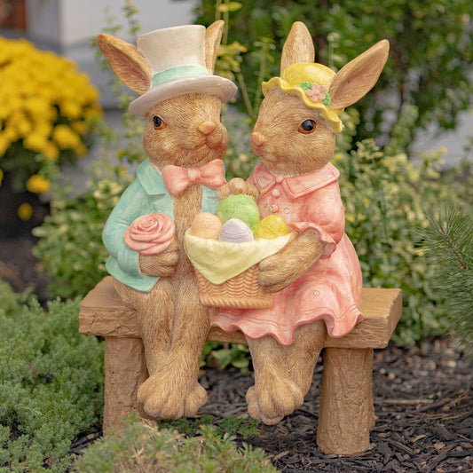 22" Tall Fancy Rabbit Couple Sitting on Bench Magnesium Garden Statue