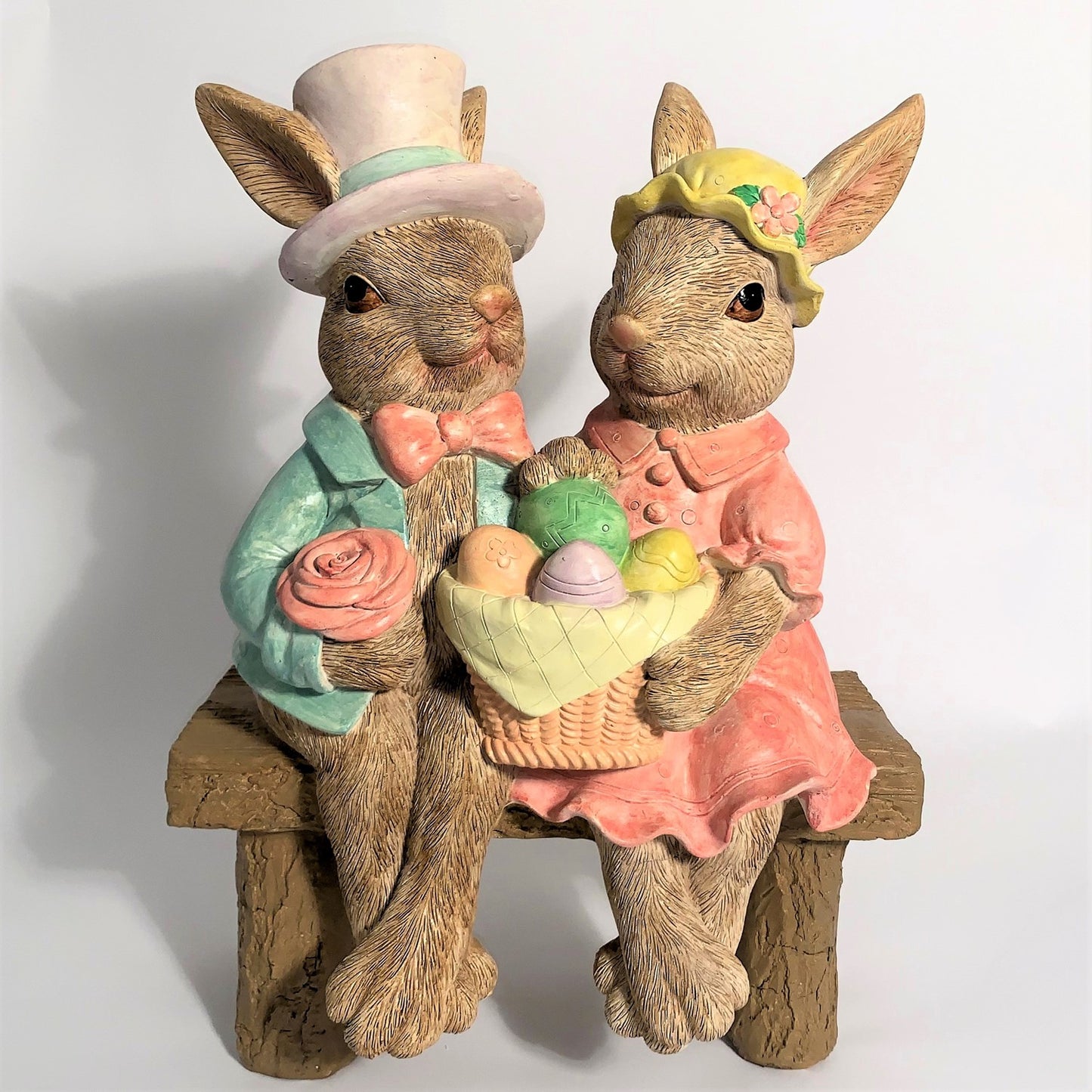 22" Tall Fancy Rabbit Couple Sitting on Bench Magnesium Garden Statue