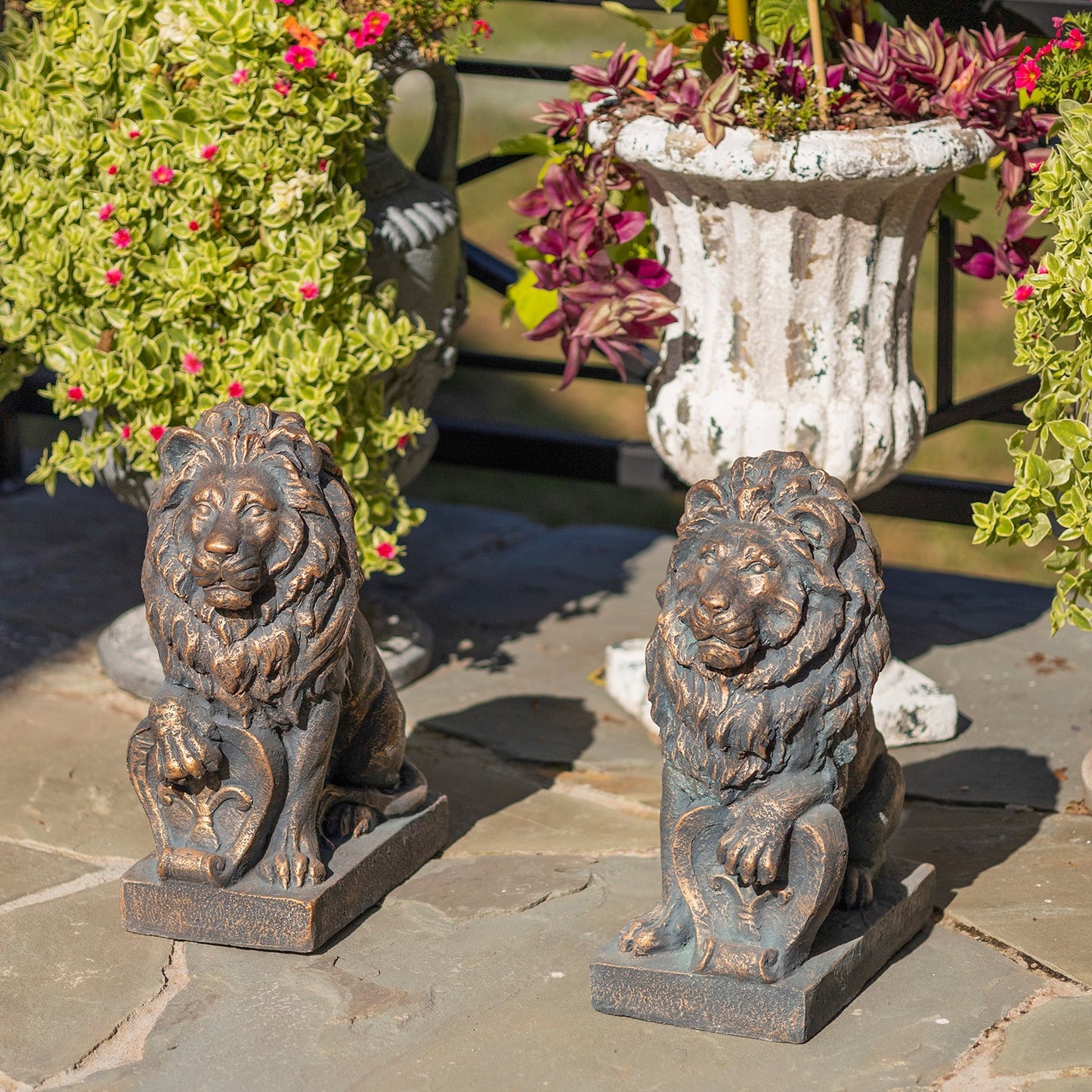 21" Tall Set of 2 Antique Bronze Lion Sentry Statues with Fleur-De-Lis Harold & Leo