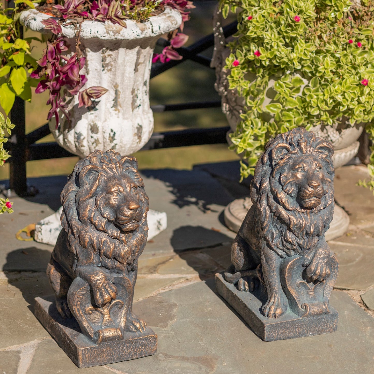 21" Tall Set of 2 Antique Bronze Lion Sentry Statues with Fleur-De-Lis Harold & Leo