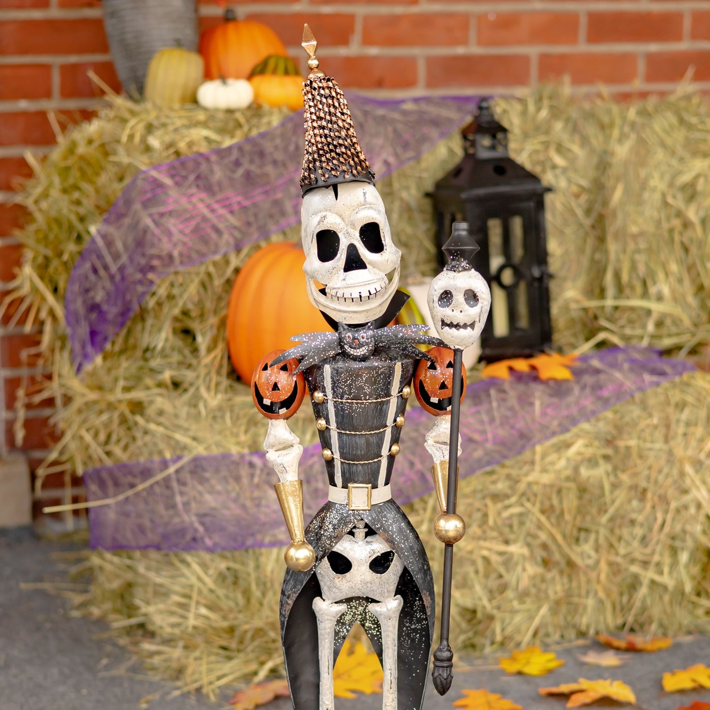 36" Tall Set of 2 Small Halloween Skeleton Soldiers Holding Staffs