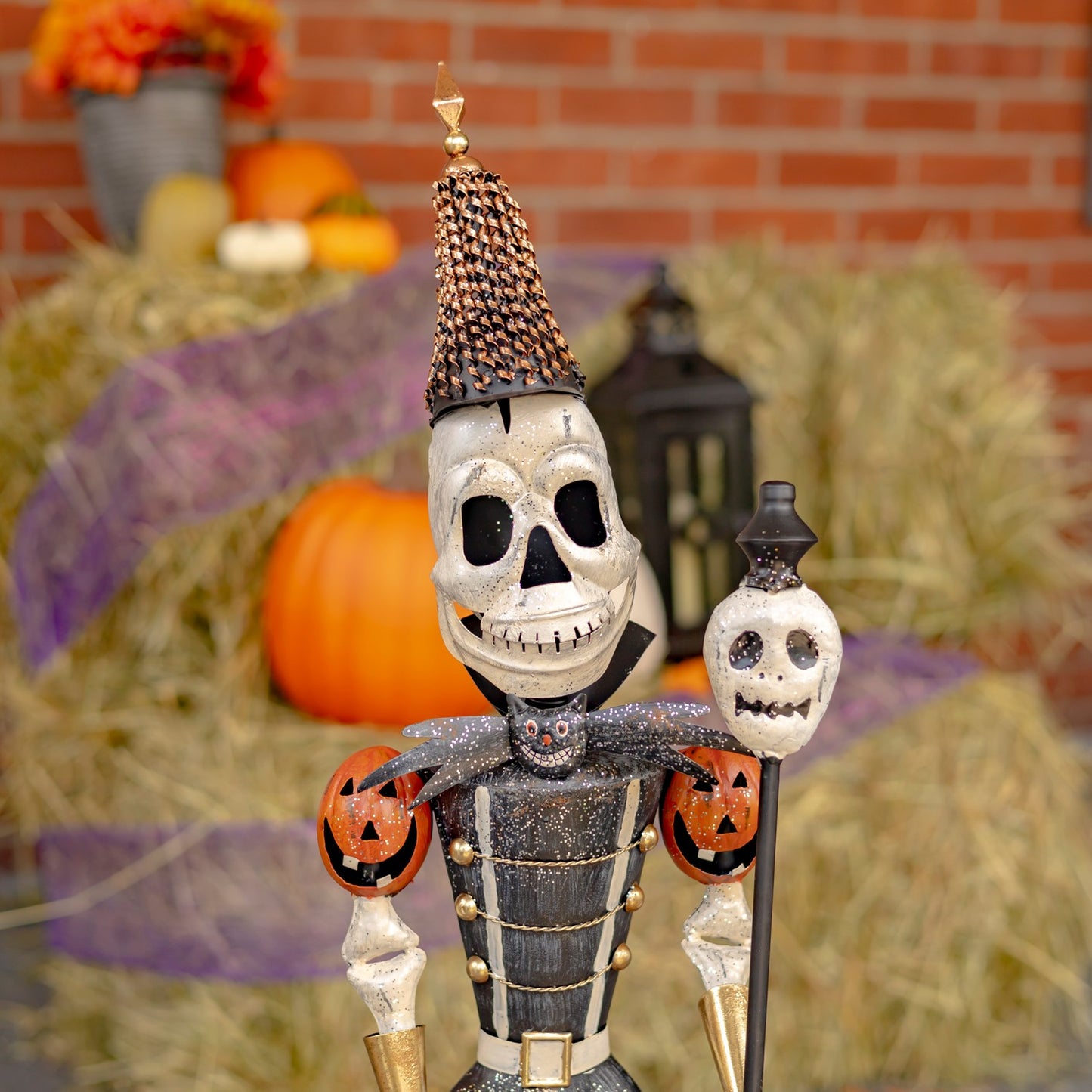 36" Tall Set of 2 Small Halloween Skeleton Soldiers Holding Staffs