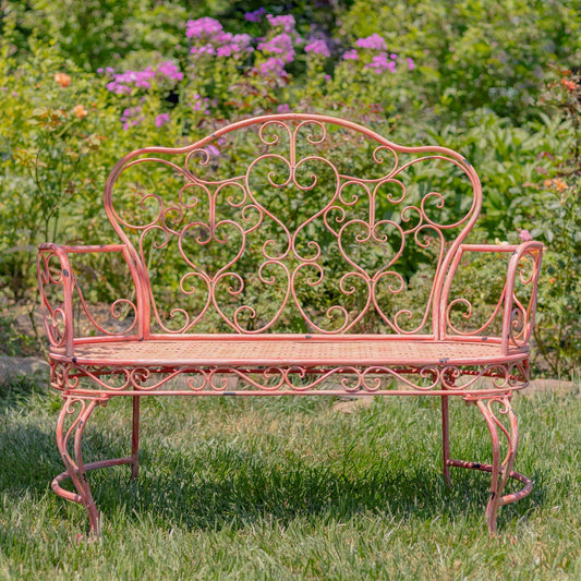 Esme Iron Garden Bench with Heart Designs in Pink