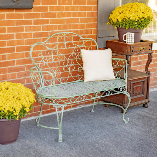 Esme Iron Garden Bench with Heart Designs in Green