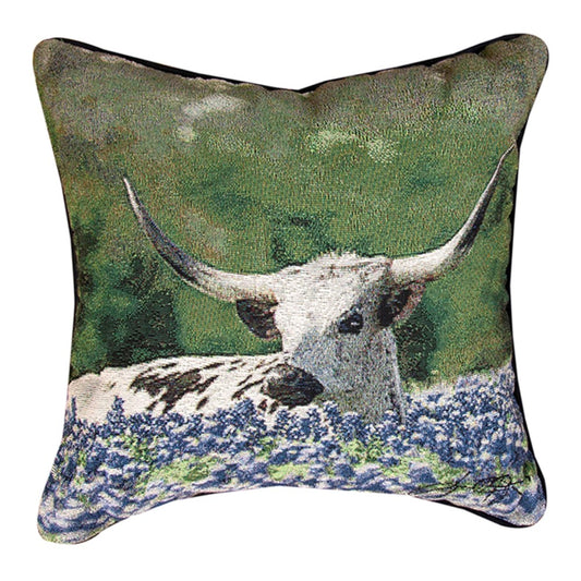 Longhorn Steer/Blue Bonnets Pillow 18"
