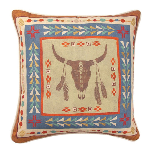 Southwest At Heart Pillow 18" Feathers, Bull Skull, Tribal