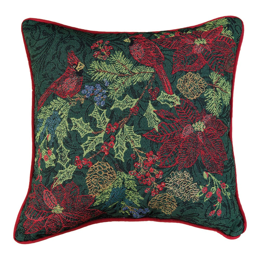 Embroidered Holiday Green Pillow 17" Tapestry Pillow