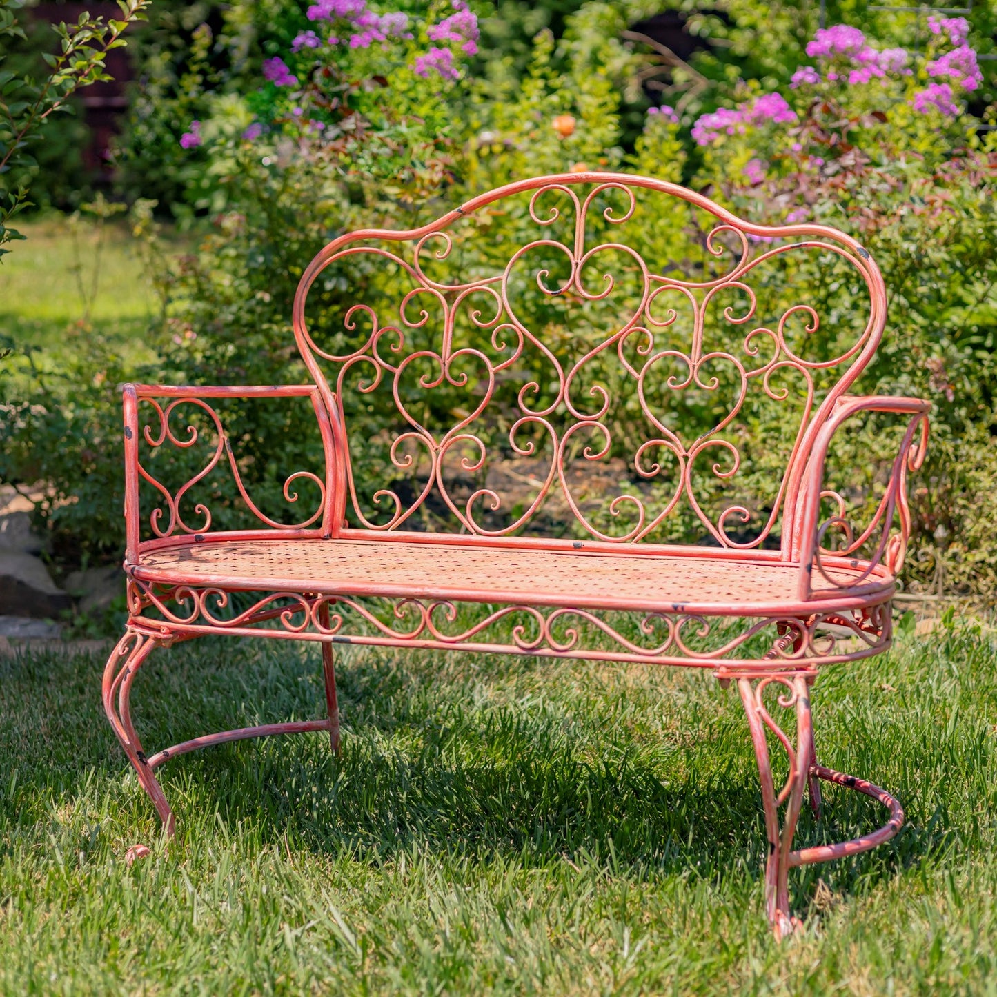 Esme Iron Garden Bench with Heart Designs in Pink