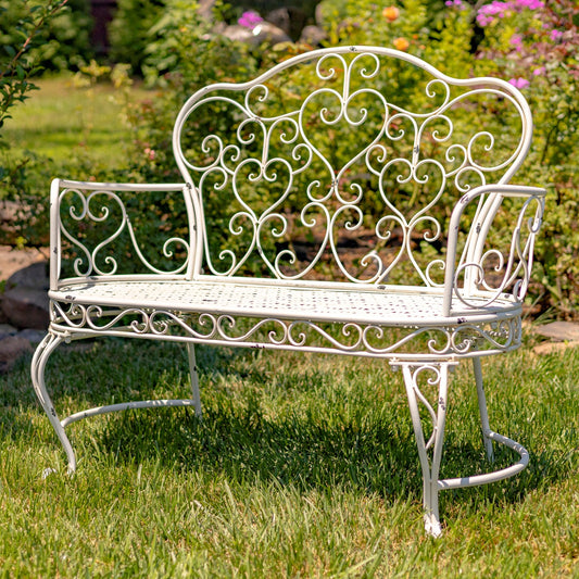 Esme Iron Garden Bench with Heart Designs in Antique White