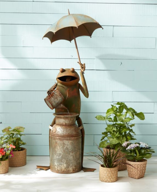 FROG W/UMBRELLA FOUNTAIN 22inL X 53.75inH IRON