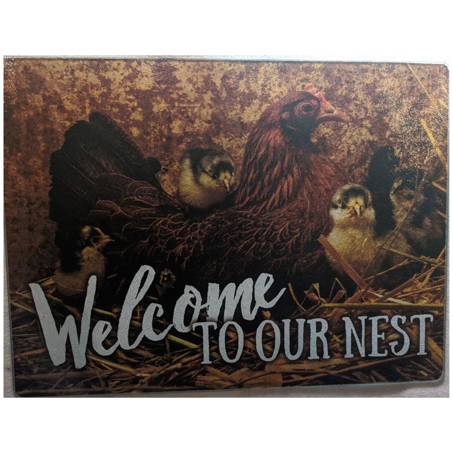 Welcome to our Nest Hen & Chicks Tempered Glass Cutting Board 12"x16"