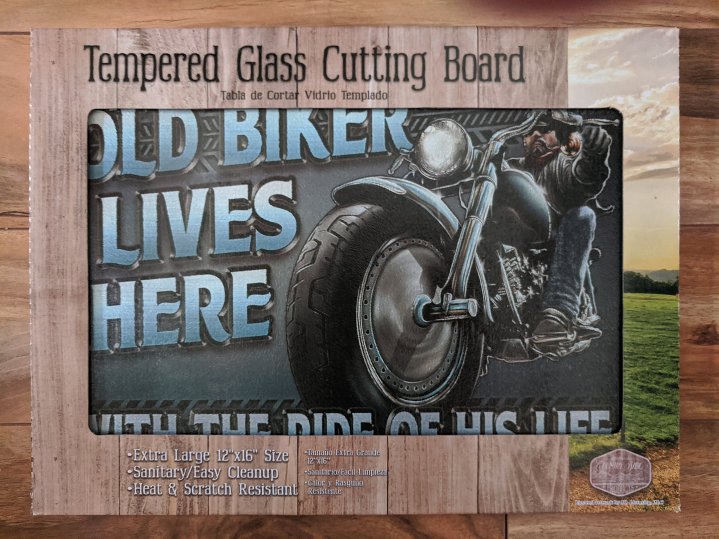 Old Biker Tempered Glass Cutting Board 12"x16"