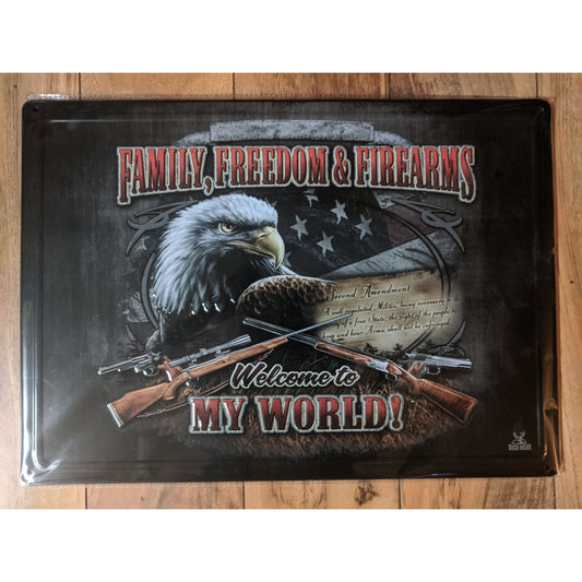Family, Freedom and Firearms 12x17 Tin Sign