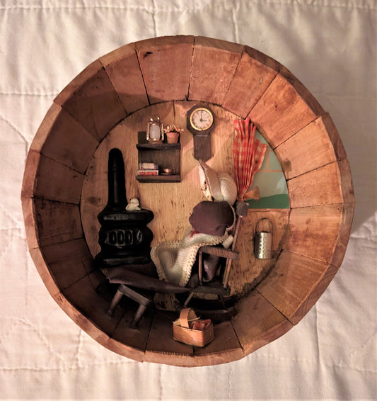 Folk Art Barrel Diorama - 9" - Old Lady by the Fire