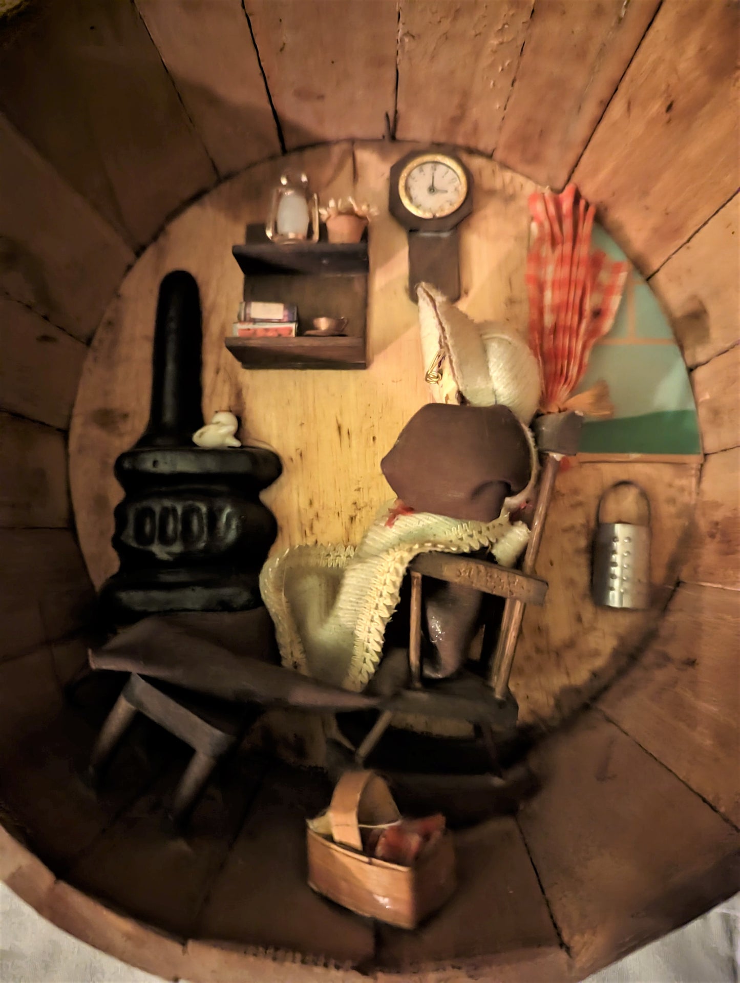 Folk Art Barrel Diorama - 9" - Old Lady by the Fire