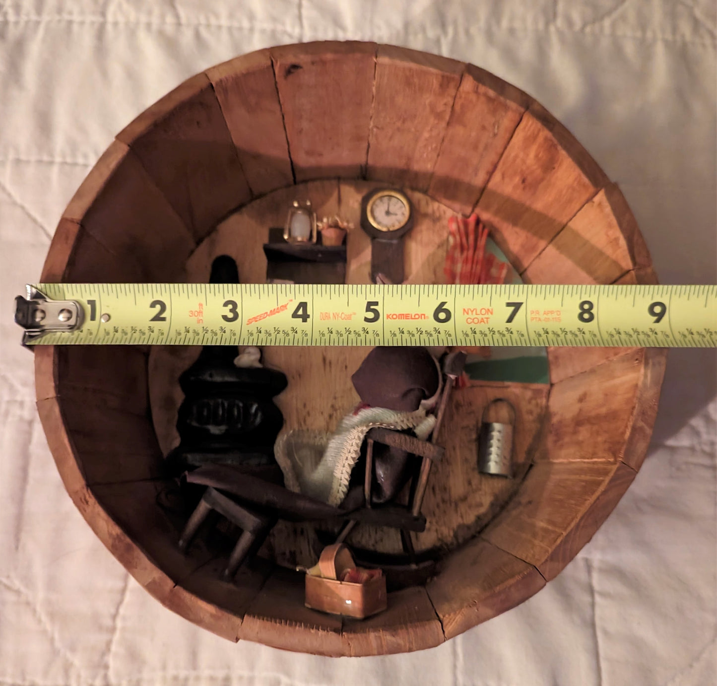 Folk Art Barrel Diorama - 9" - Old Lady by the Fire