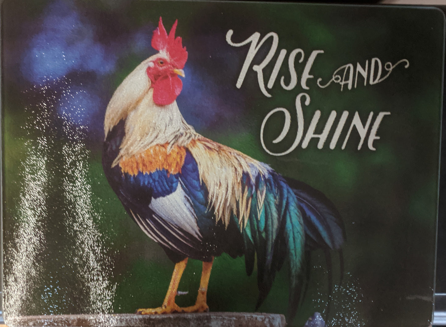 Rise and Shine Rooster Tempered Glass Cutting Board 12"x16"