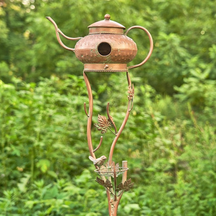 Antique Copper Teapot Birdhouse Garden Stake Genie Lamp